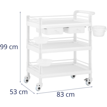 Wózek laboratoryjny kosmetyczny 3 półki 2 szuflady 3 pojemniki 83 x 53 x 99 cm 60 kg