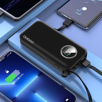 Powerbank 10000mAh USB-A USB-C z kablem iPhone Lightning i USB-C czarny