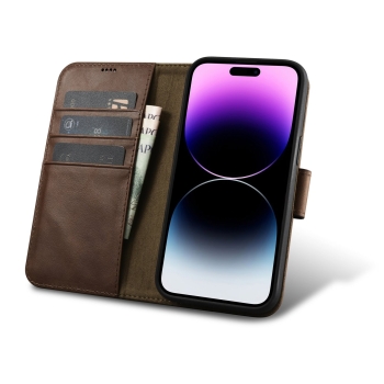 2w1 etui skórzany pokrowiec z klapką iPhone 14 Pro Anti-RFID Oil Wax Wallet Case ciemno-brązowy