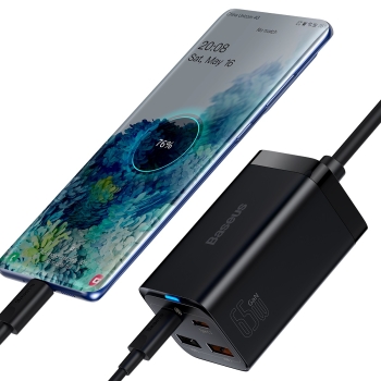 Szybka ładowarka sieciowa GaN3 Pro 2x USB-C / 2x USB 65W PD QC + kabel USB-C 1m czarny